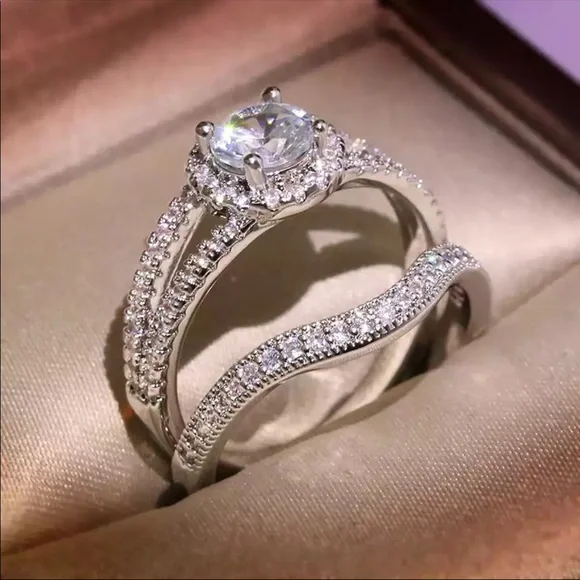 New 925 Silver 2Pcs/set Exquisite Crystal Zircon for Women Wedding Ring - Picture 5 of 5